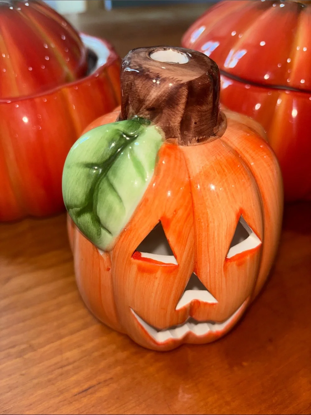 🆕 Lot of 2Ceramic Pumpkin Cookie Jars & Jack-O'-Lantern Candle Holder